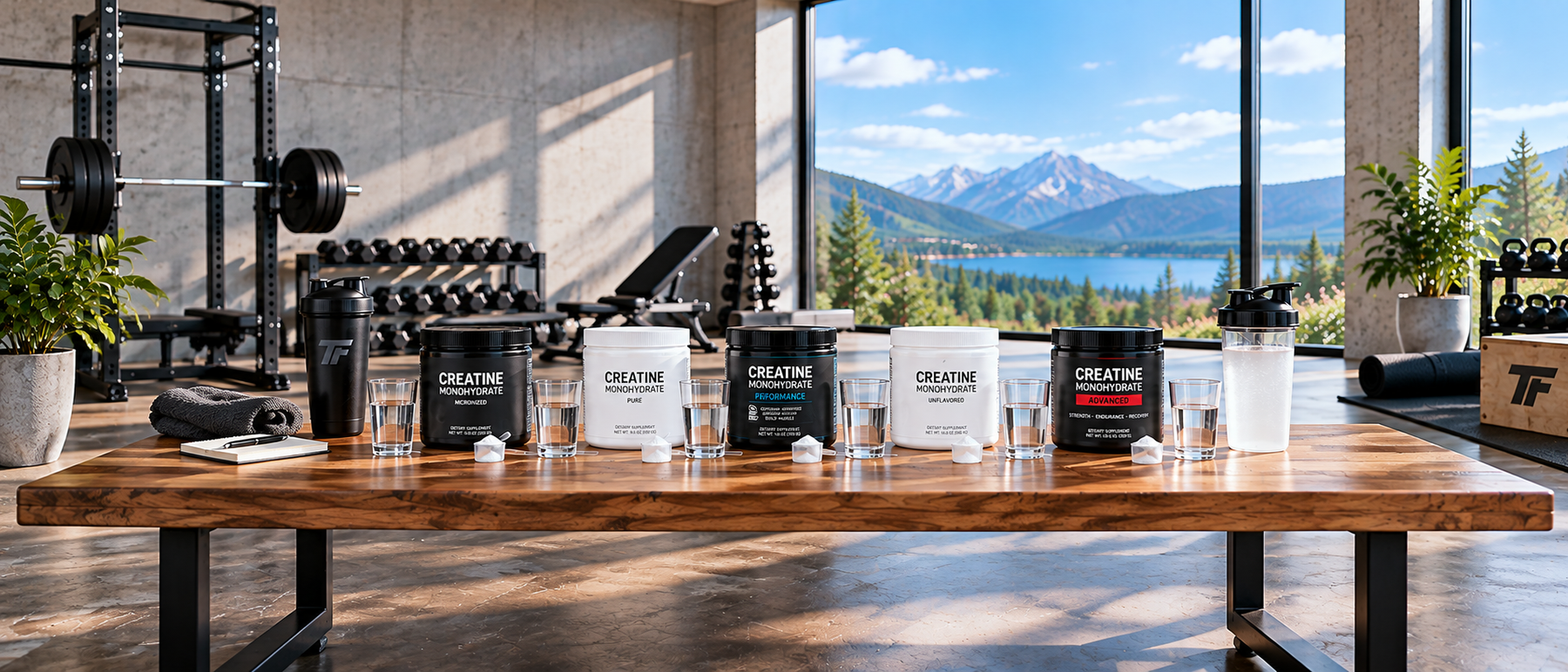 Five creatine monohydrate powders displayed with water glasses and shakers in a modern gym, comparing creatine mixability in 2026.
