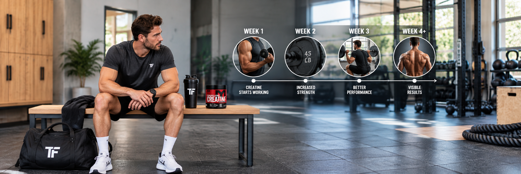 Athlete with MTS Creapure Creatine in a gym alongside a week-by-week timeline showing how long creatine takes to work.