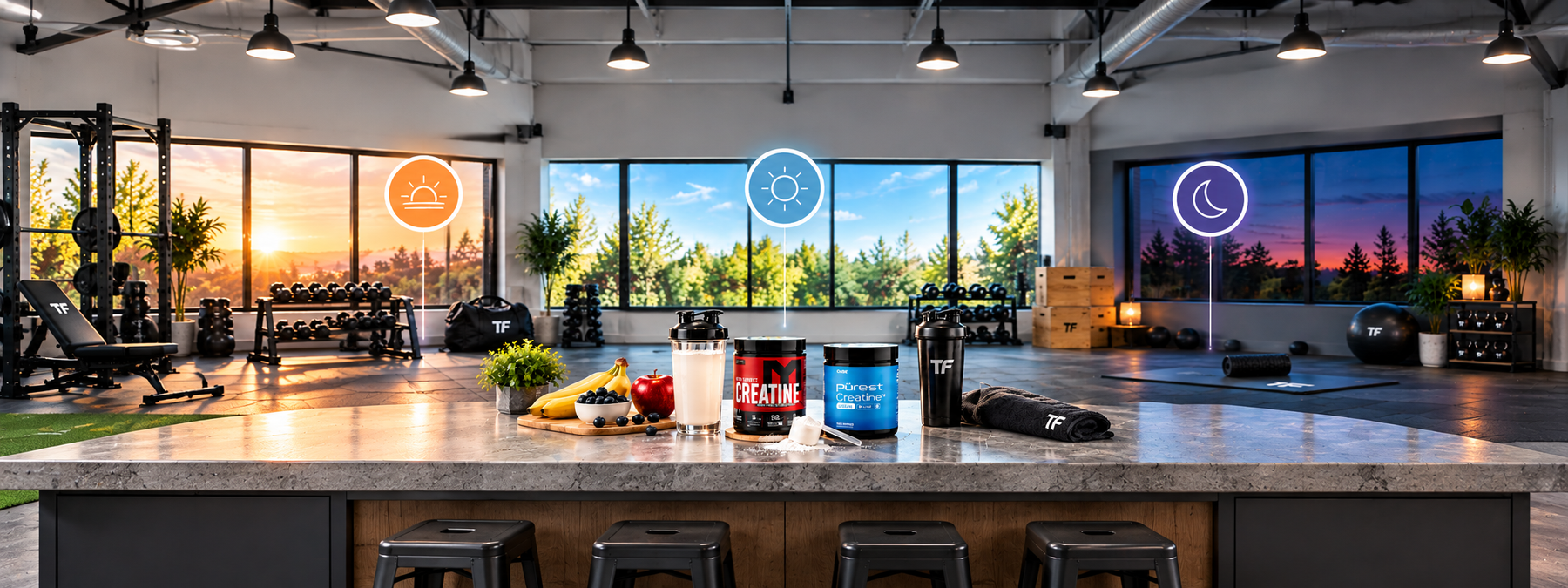 MTS and CleanForm Pürest Creatine supplements displayed in a gym with morning, afternoon, and evening icons, illustrating the best time of day to take creatine for muscle performance and recovery.