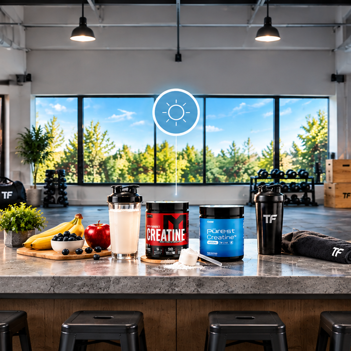 MTS and CleanForm Pürest Creatine supplements displayed in a gym with morning, afternoon, and evening icons, illustrating the best time of day to take creatine for muscle performance and recovery.
