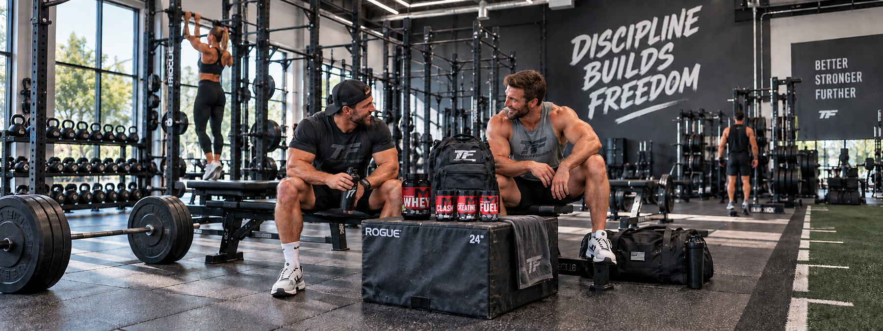 Two muscular men in a bright modern gym sitting beside a Machine Mode supplement stack featuring Machine Whey, Clash, Creatine, and Fuel, with athletes training in the background.