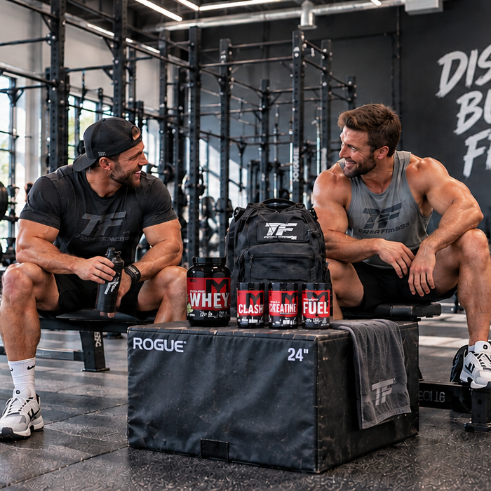 Two muscular men in a bright modern gym sitting beside a Machine Mode supplement stack featuring Machine Whey, Clash, Creatine, and Fuel, with athletes training in the background.