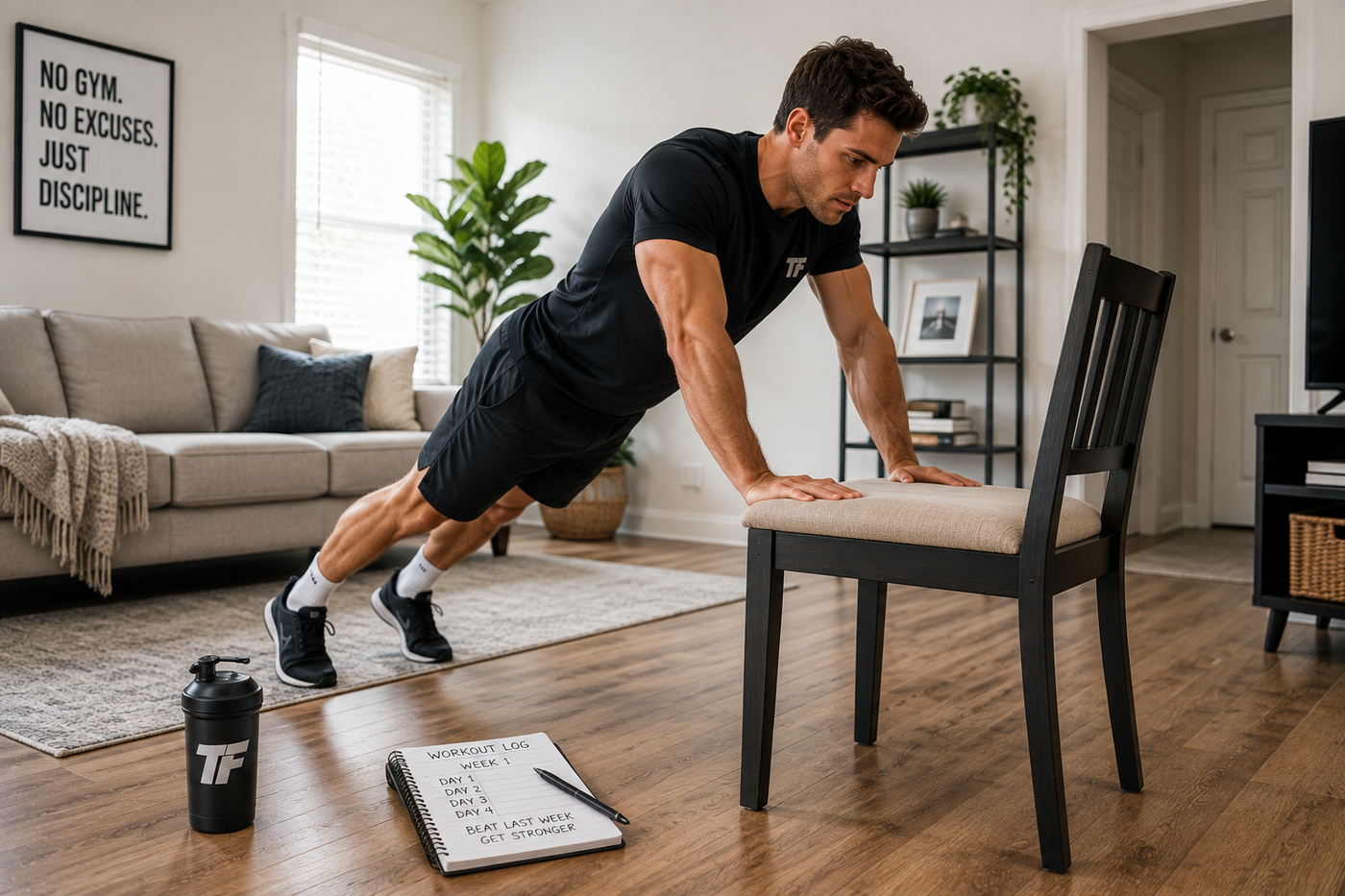 Man performing incline push-ups on a sturdy chair during a no-equipment bodyweight workout at home