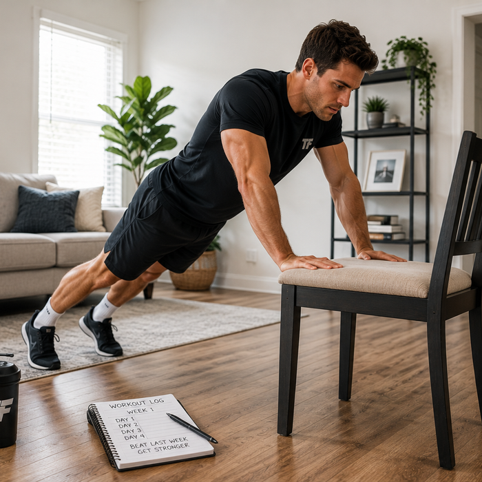 Man performing incline push-ups on a sturdy chair during a no-equipment bodyweight workout at home