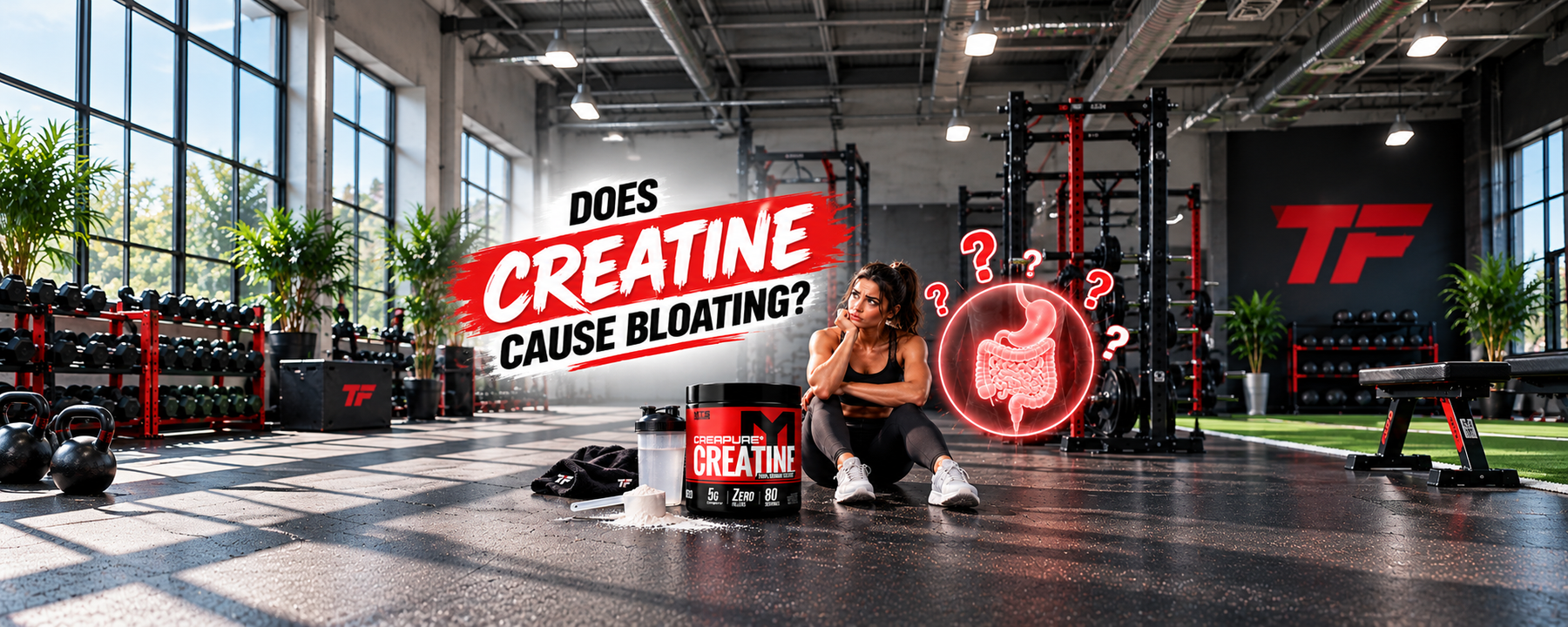 Athletic woman sitting in a gym beside MTS Nutrition Creapure Creatine powder, with a digestive system illustration exploring whether creatine causes bloating.