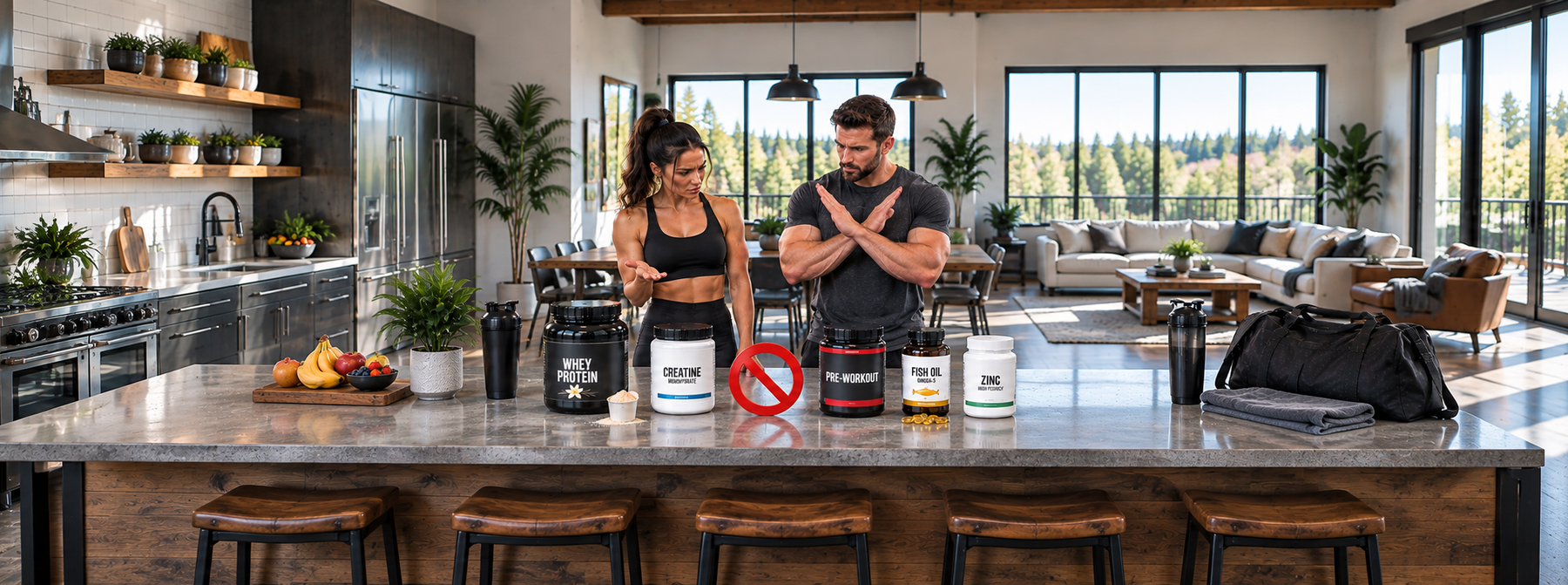 Man and woman comparing whey protein, creatine, pre-workout, fish oil, and zinc supplements to learn which combinations to avoid.
