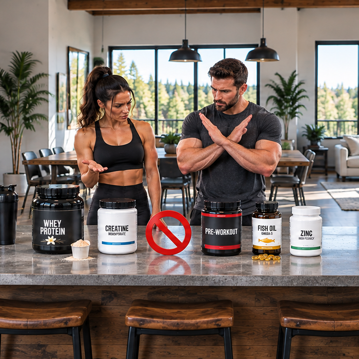 Man and woman comparing whey protein, creatine, pre-workout, fish oil, and zinc supplements to learn which combinations to avoid.
