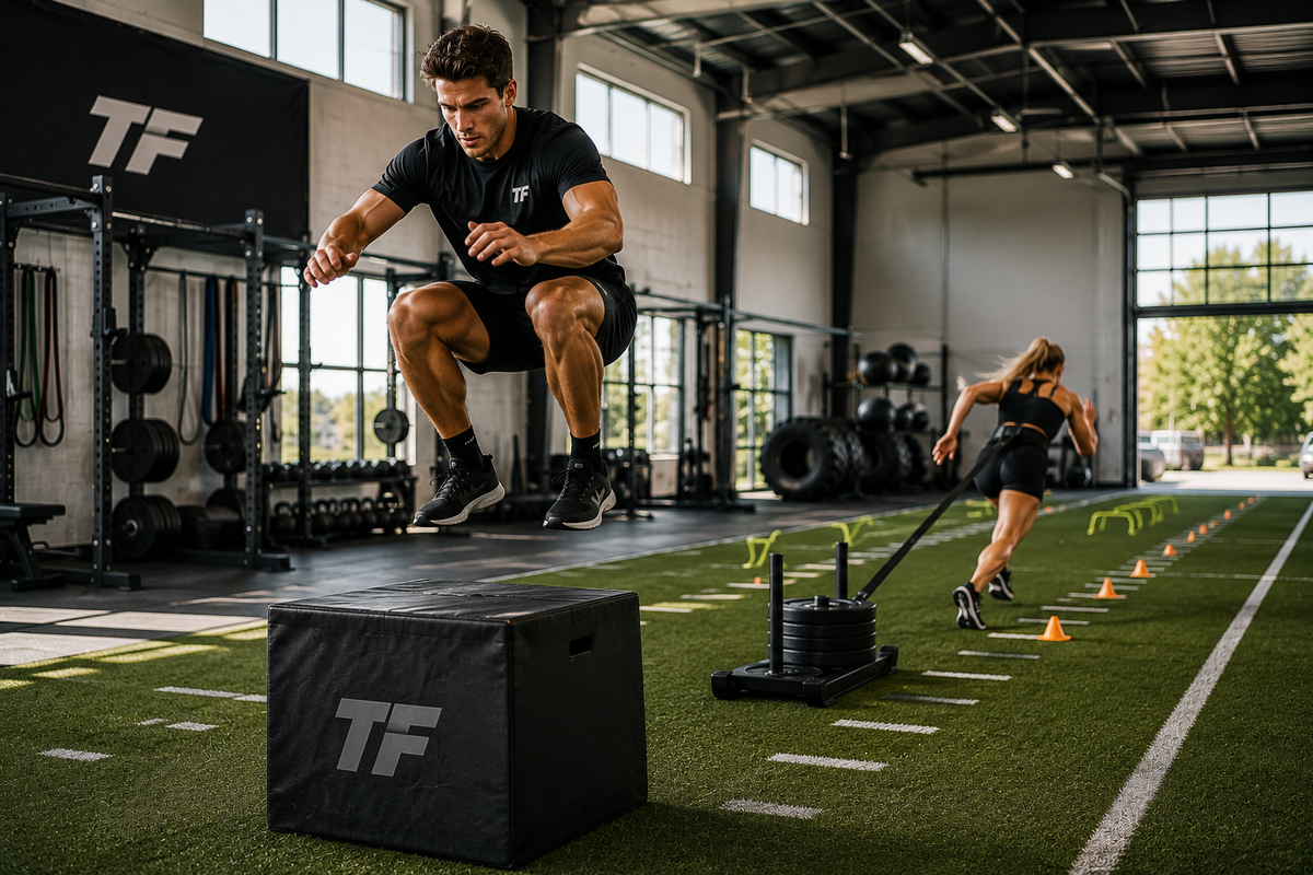 Male athlete performing a box jump while a female athlete does resisted sprint training in an indoor athletic performance facility