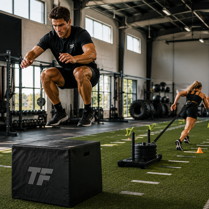 Male athlete performing a box jump while a female athlete does resisted sprint training in an indoor athletic performance facility