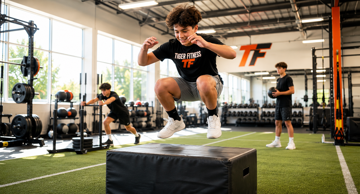 Teen athlete performing a box jump in a bright Tiger Fitness gym while other teens complete strength and conditioning exercises.