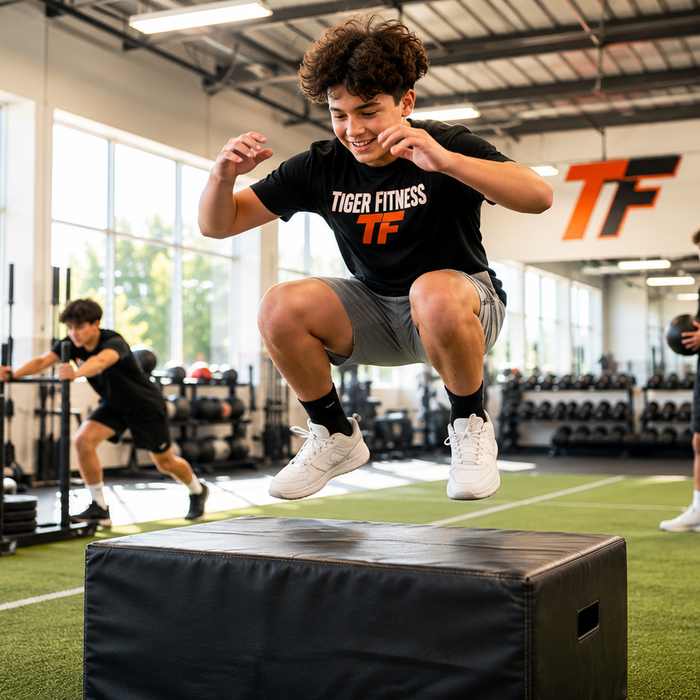 Teen athlete performing a box jump in a bright Tiger Fitness gym while other teens complete strength and conditioning exercises.