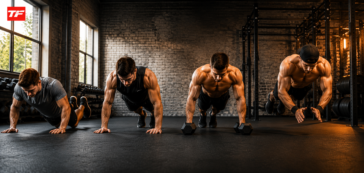 Four athletes demonstrating different push-up variations in a gym, from beginner knee push-ups to advanced explosive push-ups, with a TF logo in the corner.