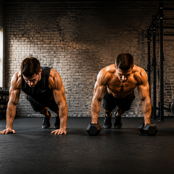 Four athletes demonstrating different push-up variations in a gym, from beginner knee push-ups to advanced explosive push-ups, with a TF logo in the corner.