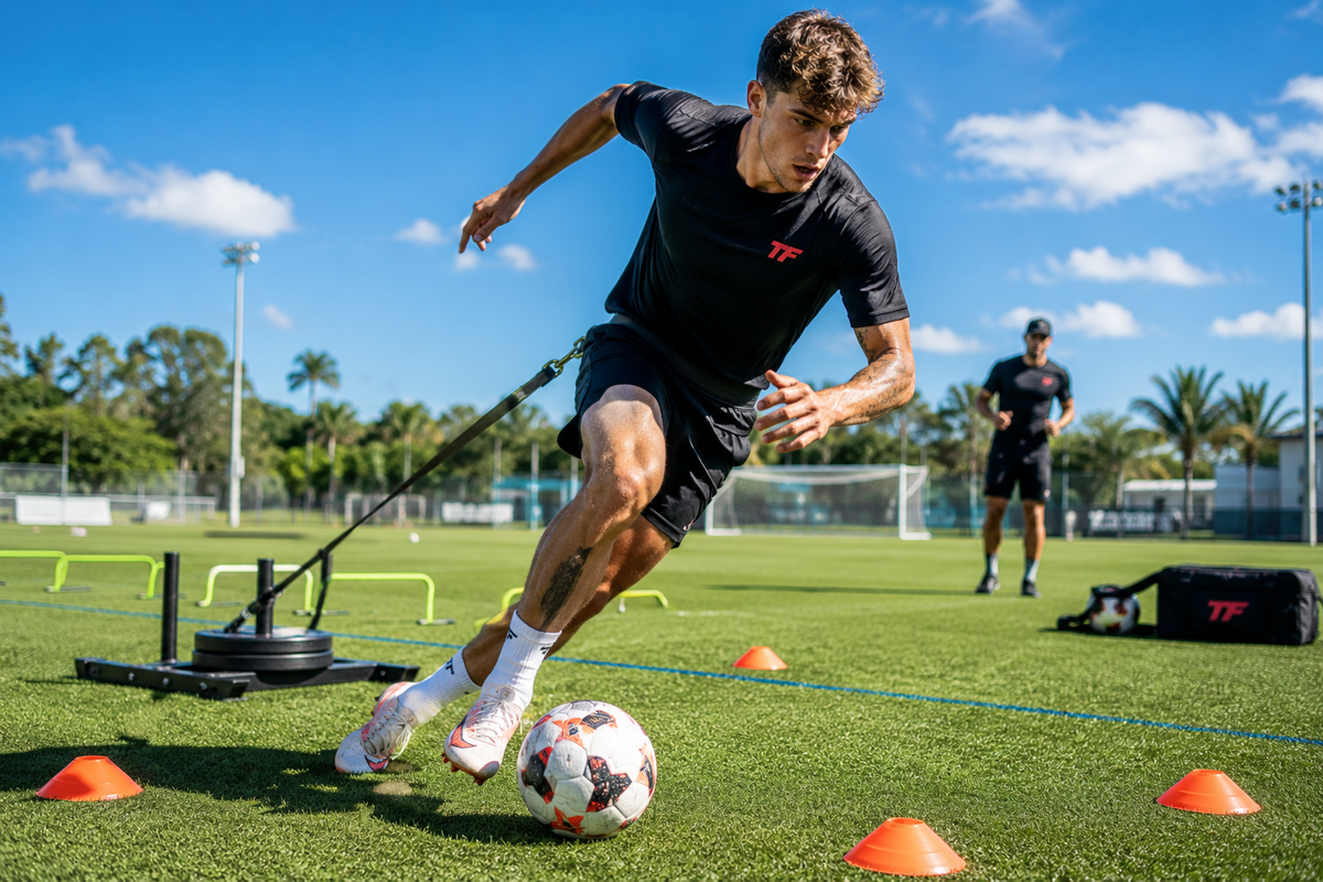 Soccer player sprinting with resistance while dribbling through cones during a strength and conditioning workout.