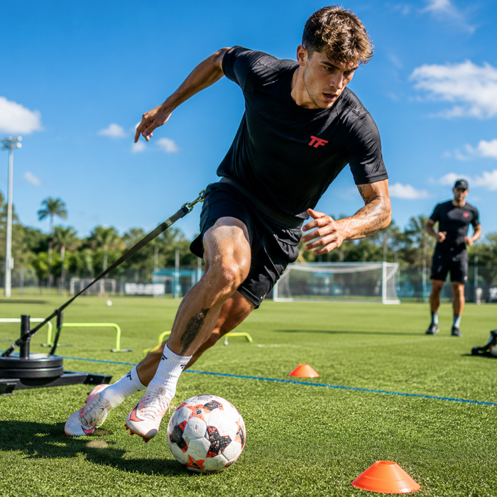 Soccer player sprinting with resistance while dribbling through cones during a strength and conditioning workout.