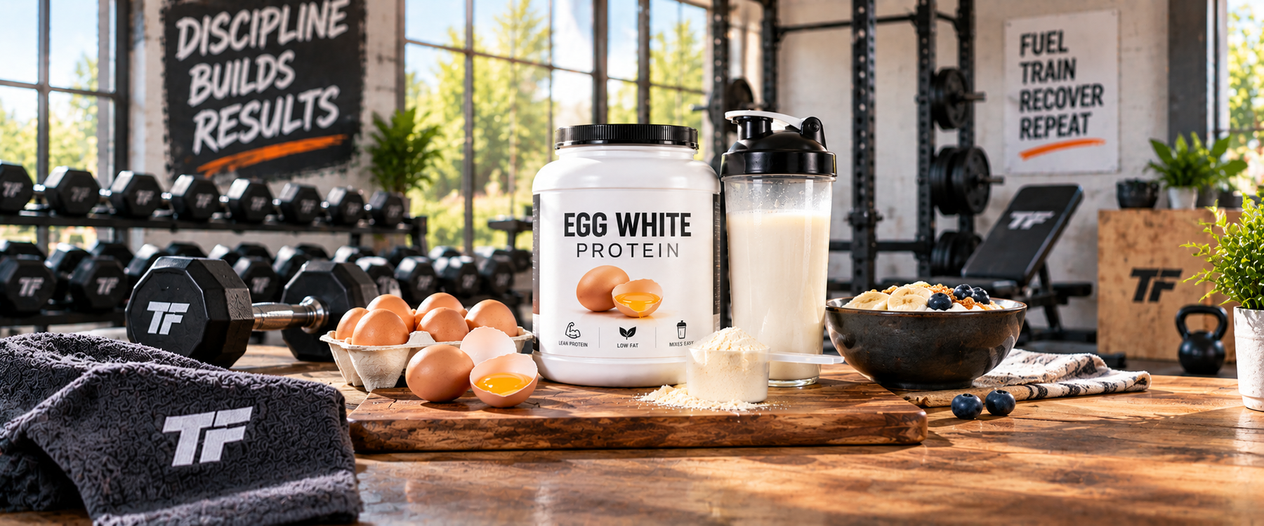 Egg white protein powder with eggs, protein shake and workout equipment in a gym setting