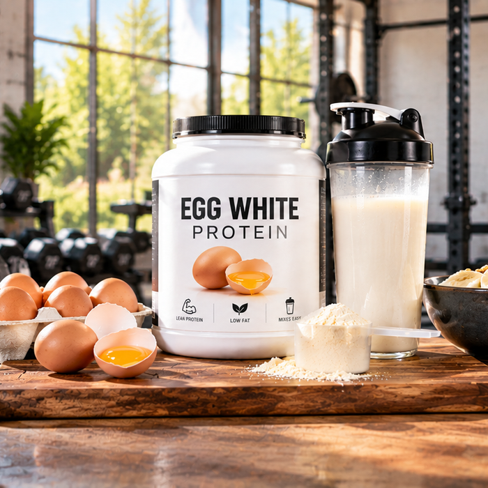 Egg white protein powder with eggs, protein shake and workout equipment in a gym setting
