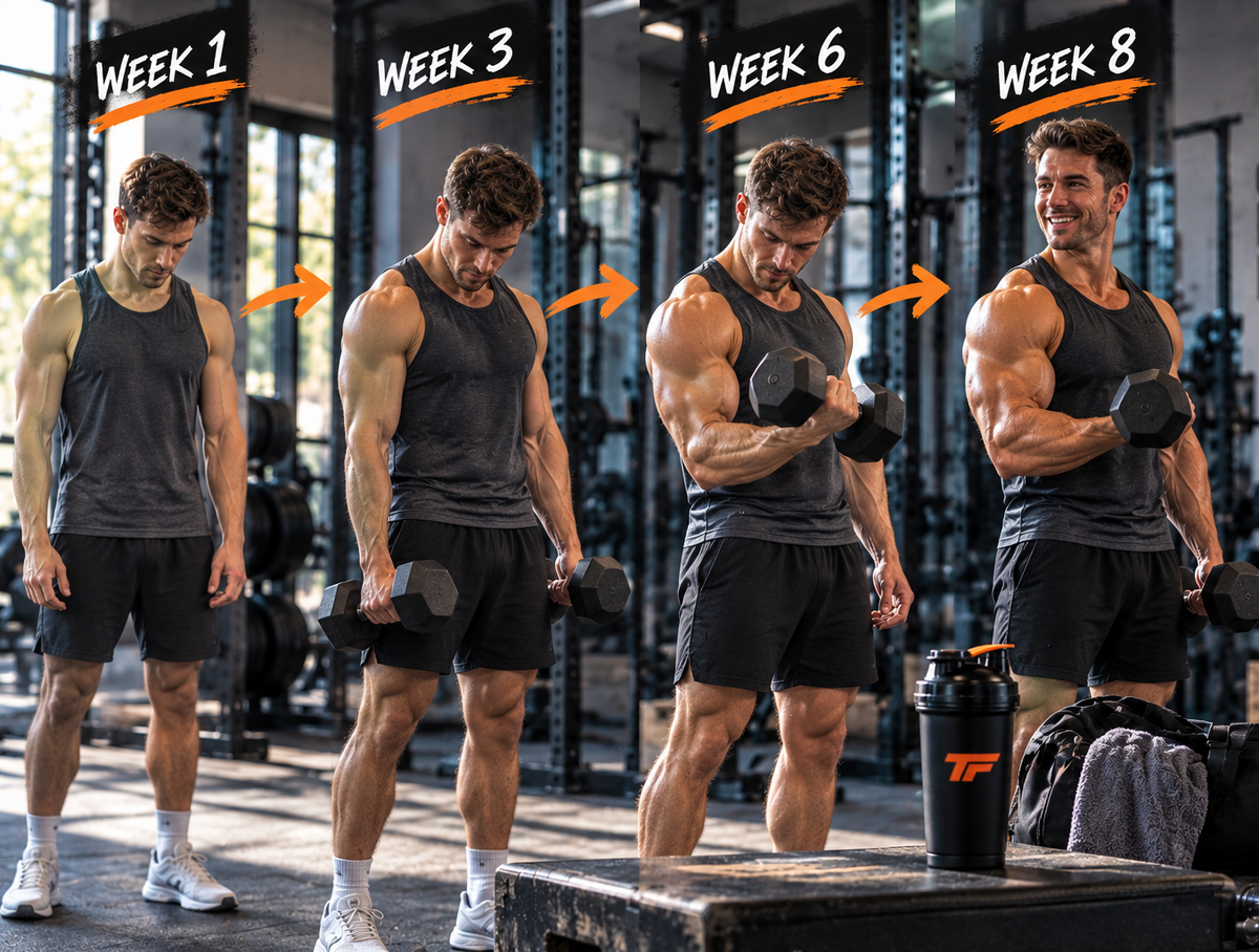Man showing muscle-building progress from week 1 to week 8 while training with dumbbells