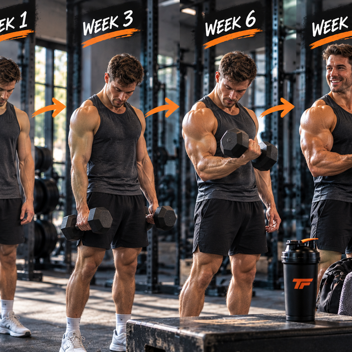 Man showing muscle-building progress from week 1 to week 8 while training with dumbbells