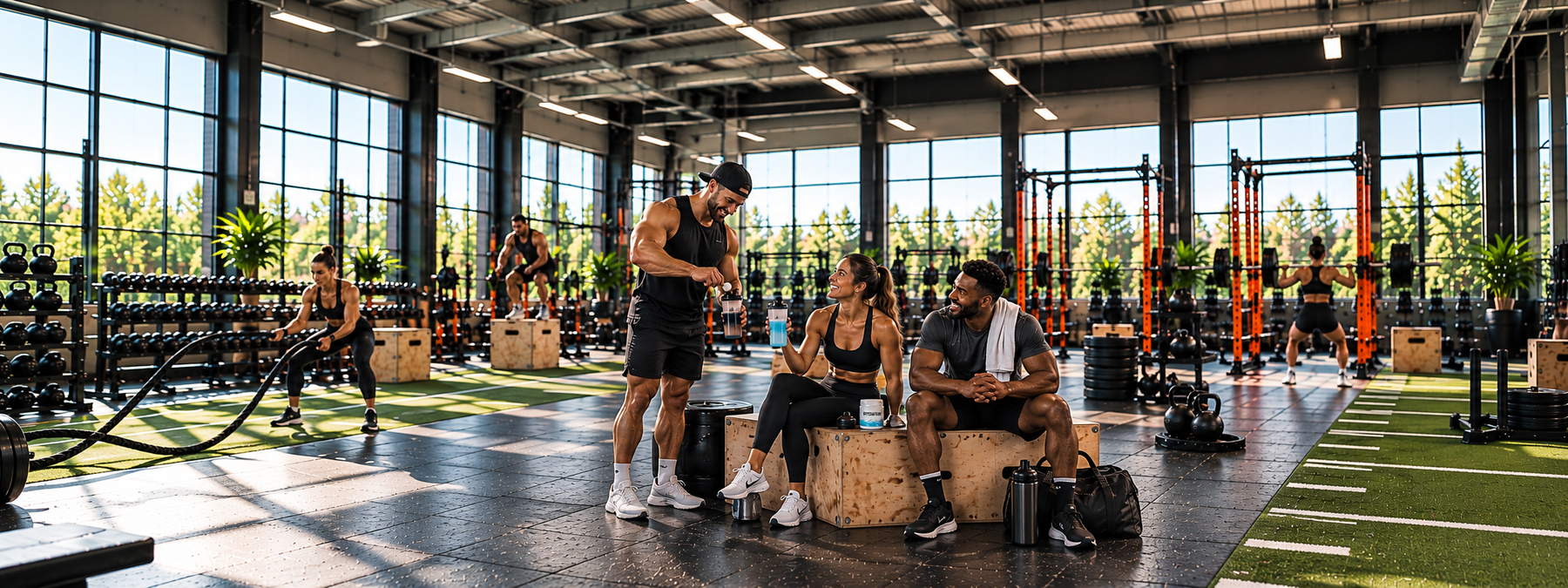 Three athletes taking a hydration break with electrolyte supplements and shaker bottles in a gym while others exercise, illustrating how to use hydration supplements for better workouts.