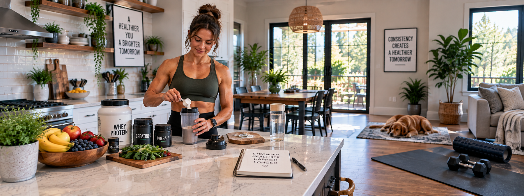 Female athlete preparing a supplement shake with protein, creatine, omega-3, and multivitamins in a bright kitchen focused on long-term wellness.
