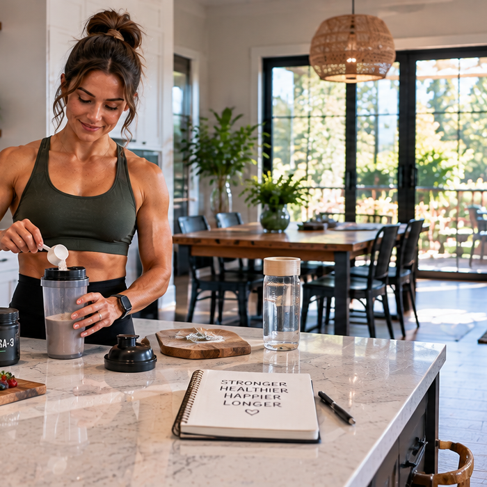 Female athlete preparing a supplement shake with protein, creatine, omega-3, and multivitamins in a bright kitchen focused on long-term wellness.
