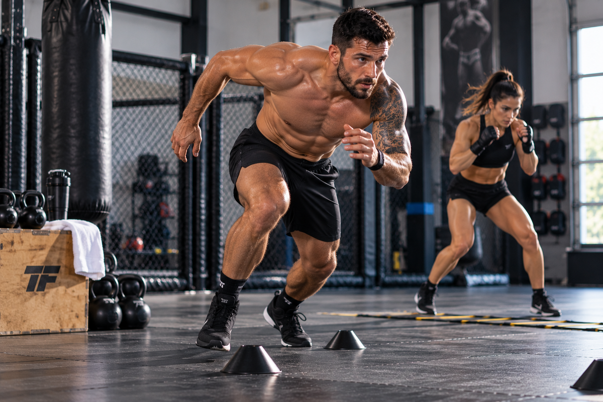 Male and female MMA athletes performing speed and agility drills with cones and an agility ladder during a strength and conditioning workout.