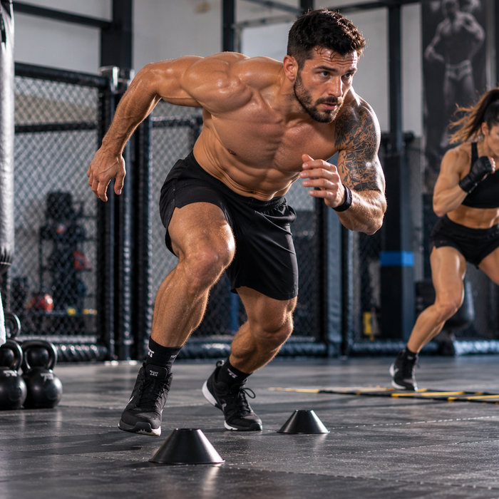 Male and female MMA athletes performing speed and agility drills with cones and an agility ladder during a strength and conditioning workout.