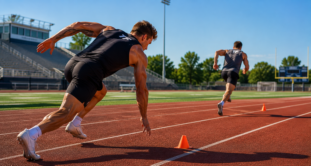 Two male athletes performing sprint intervals on an outdoor track as part of a conditioning workout