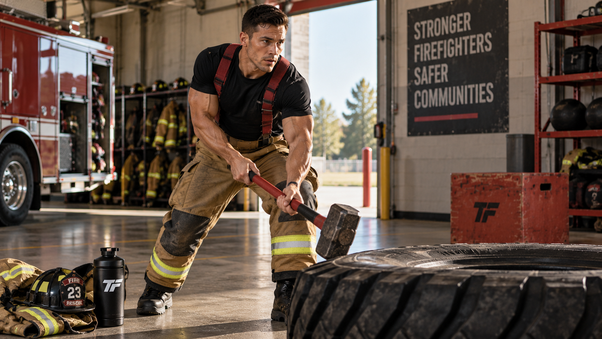 Firefighter performing a sledgehammer tire workout inside a fire station as part of CPAT strength and conditioning training.