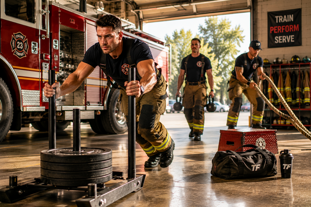 Firefighters performing sled pushes, farmer’s carries, and conditioning exercises during a first responder fitness training session
