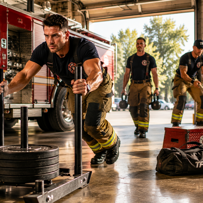 Firefighters performing sled pushes, farmer’s carries, and conditioning exercises during a first responder fitness training session