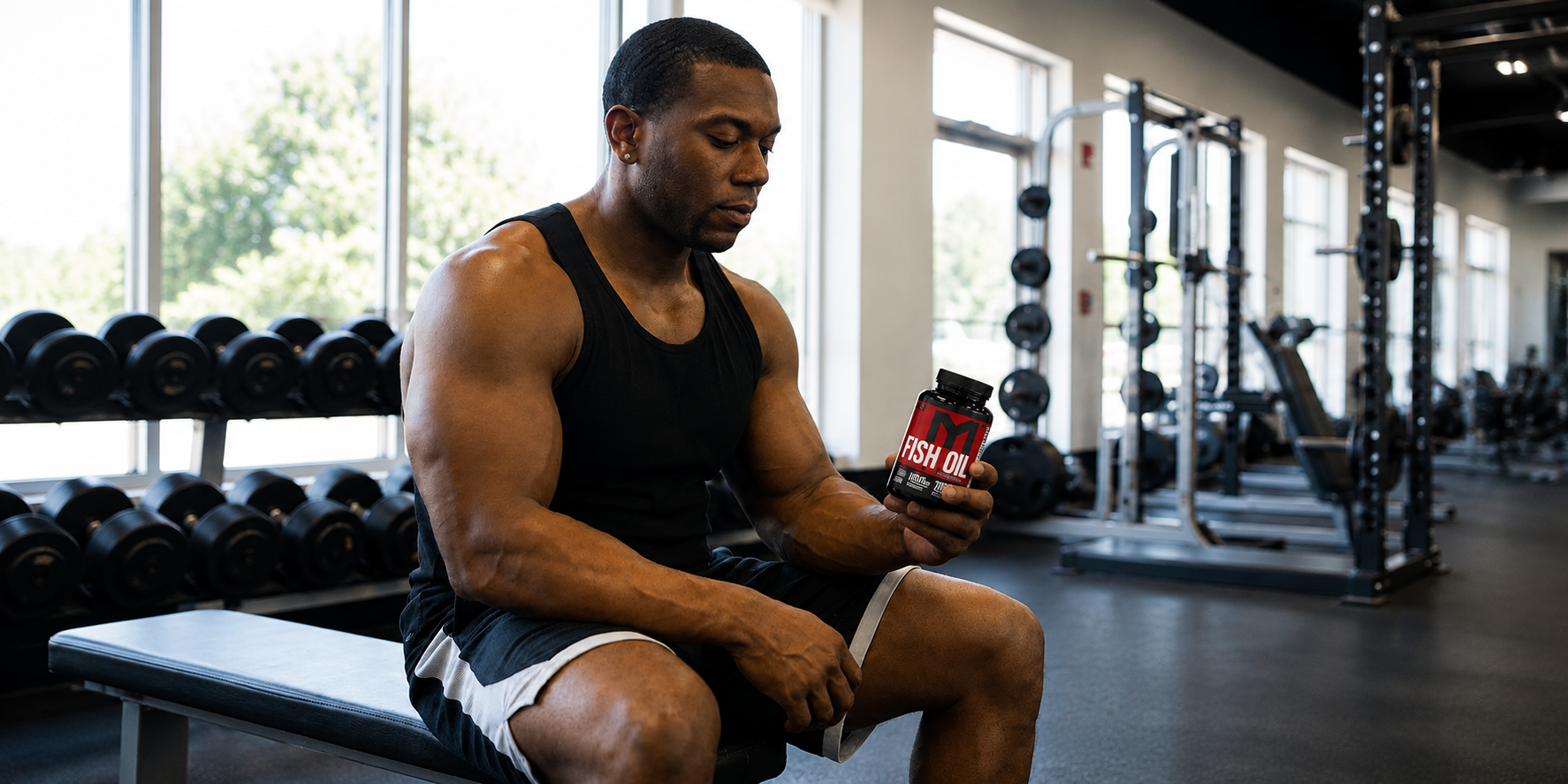 Focused Athlete Inspecting Fish Oil Bottle