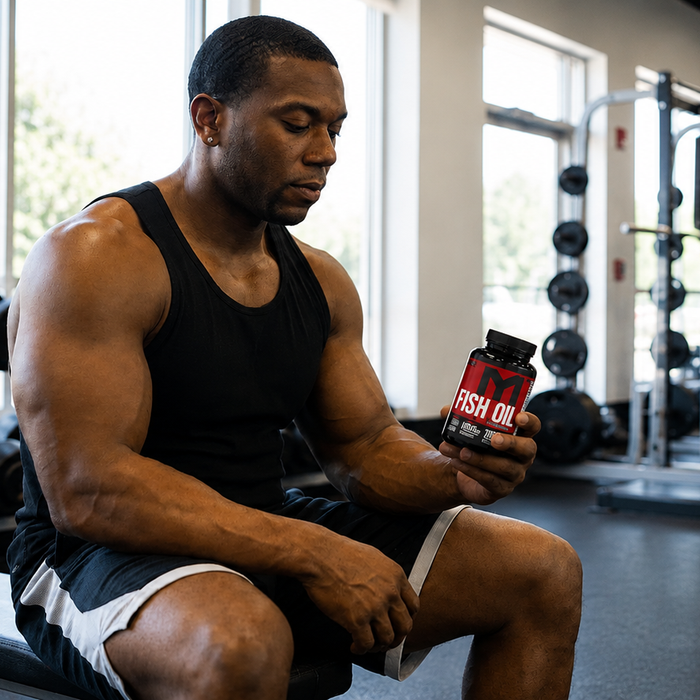 Focused Athlete Inspecting Fish Oil Bottle