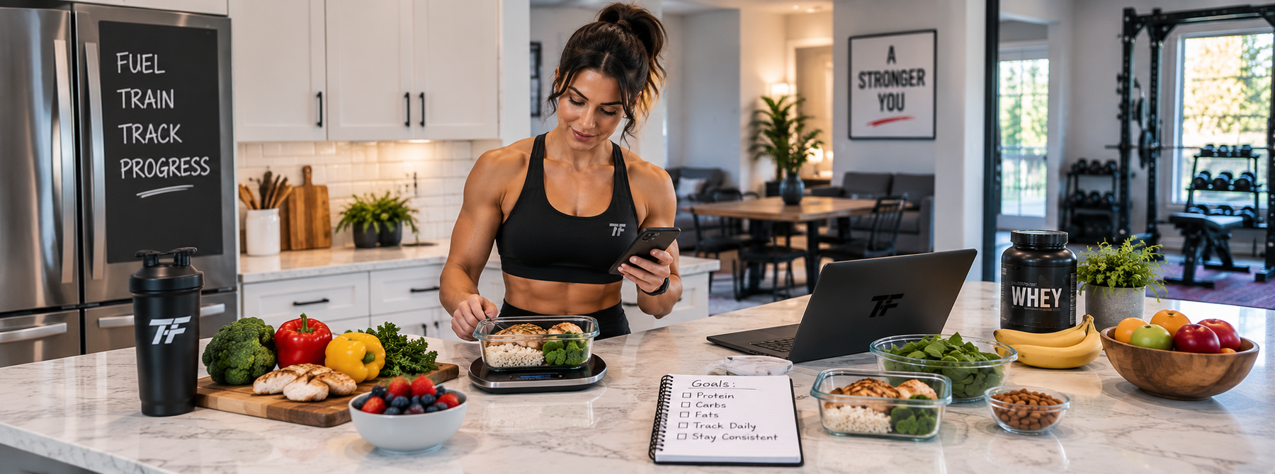 Fit woman tracking macros on her phone while preparing a balanced meal with protein, rice, vegetables, and healthy foods in a bright kitchen.