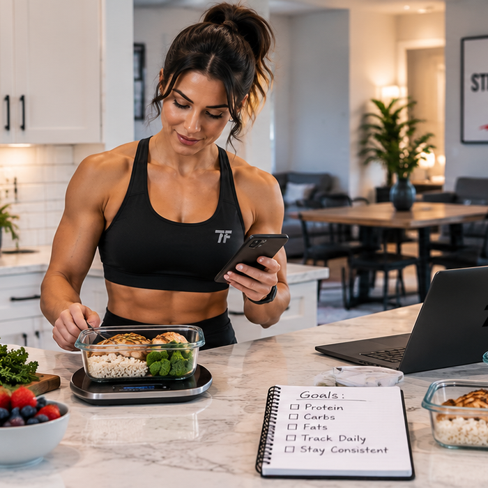 Fit woman tracking macros on her phone while preparing a balanced meal with protein, rice, vegetables, and healthy foods in a bright kitchen.