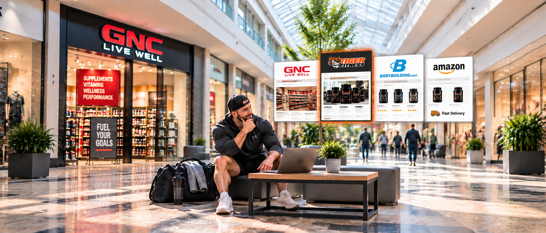 Male lifter comparing GNC with online supplement retailers, including Tiger Fitness, Bodybuilding.com, and Amazon, while shopping on a laptop.