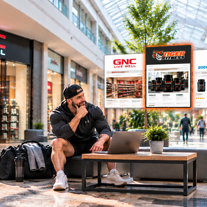 Male lifter comparing GNC with online supplement retailers, including Tiger Fitness, Bodybuilding.com, and Amazon, while shopping on a laptop.