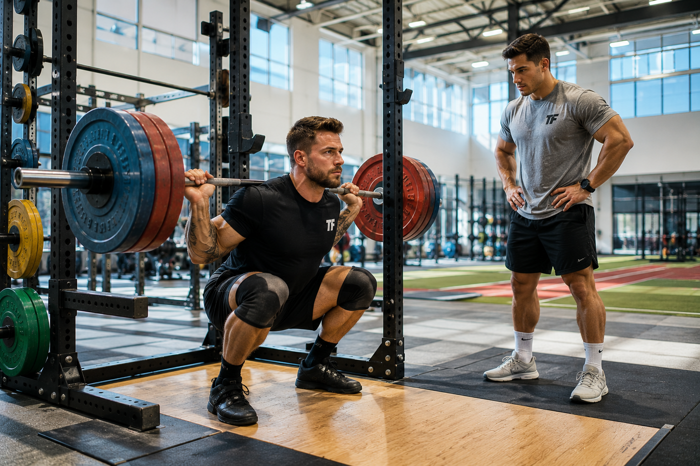 Muscular man performing a heavy barbell back squat while a training partner watches his form in a bright strength gym