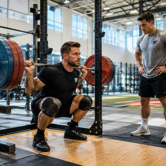 Muscular man performing a heavy barbell back squat while a training partner watches his form in a bright strength gym