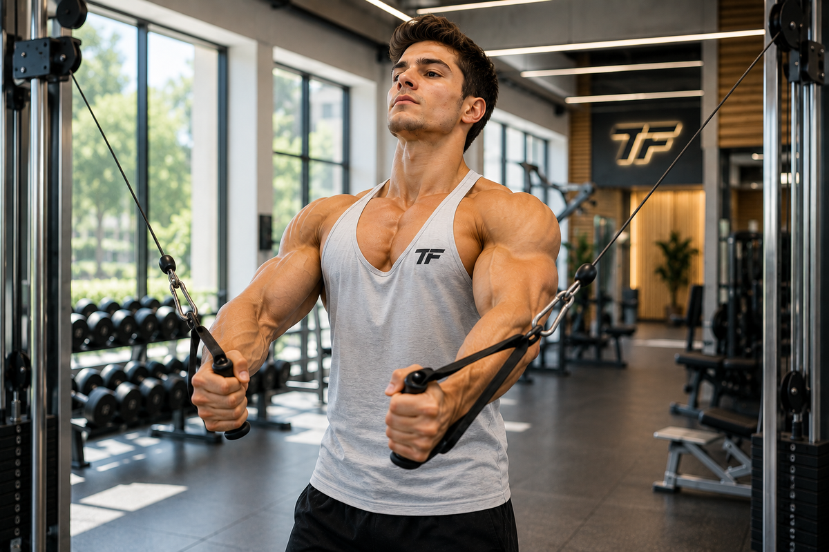 Muscular man performing standing cable flyes to target the upper chest in a bright Tiger Fitness gym