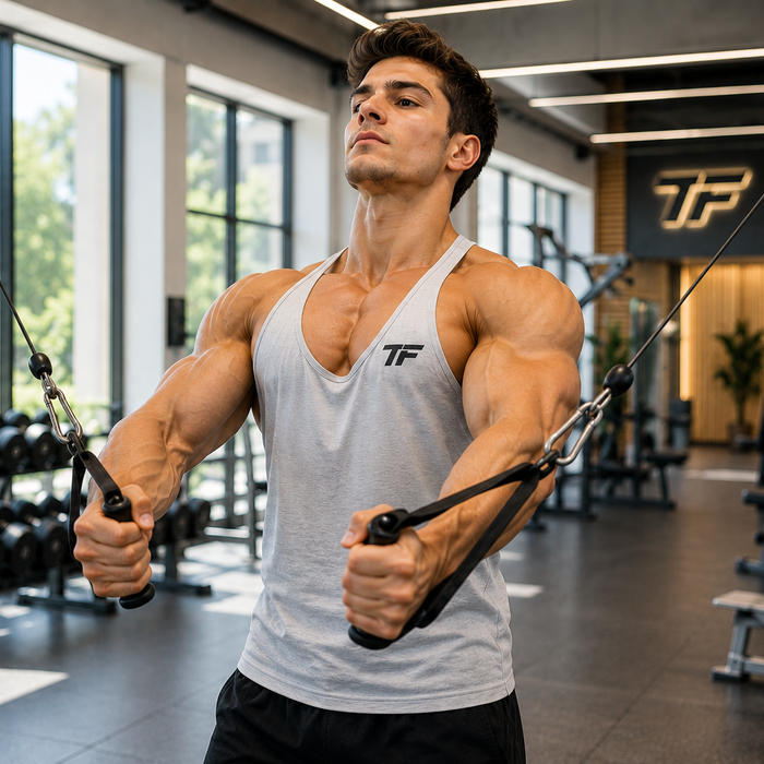 Muscular man performing standing cable flyes to target the upper chest in a bright Tiger Fitness gym