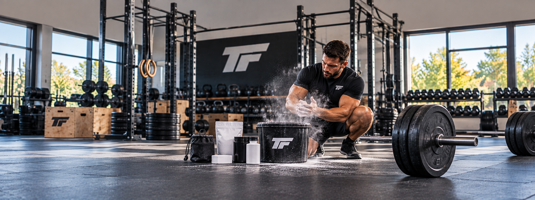 Man applying lifting chalk to his hands beside a loaded barbell to improve grip strength during weight training.