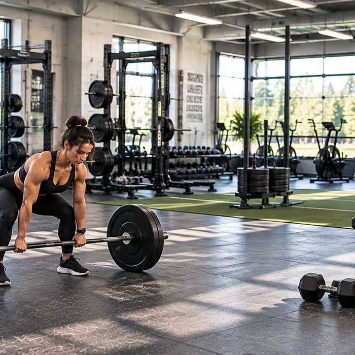 Focused Deadlift in a Sunlit Gym