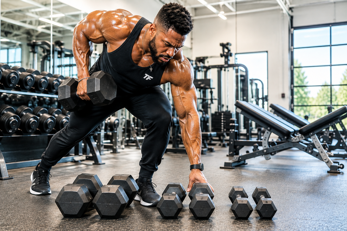 Muscular man reaching for a lighter dumbbell during an intense drop set workout for muscle growth