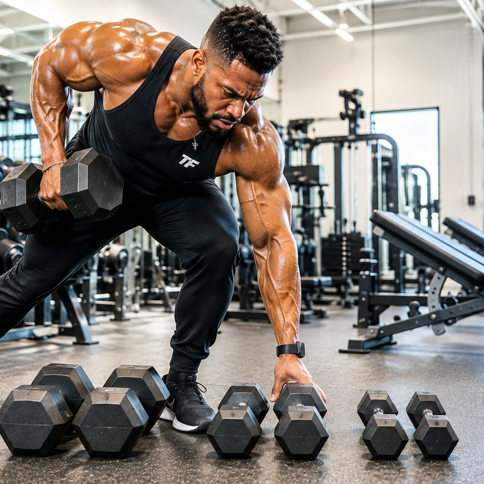 Muscular man reaching for a lighter dumbbell during an intense drop set workout for muscle growth