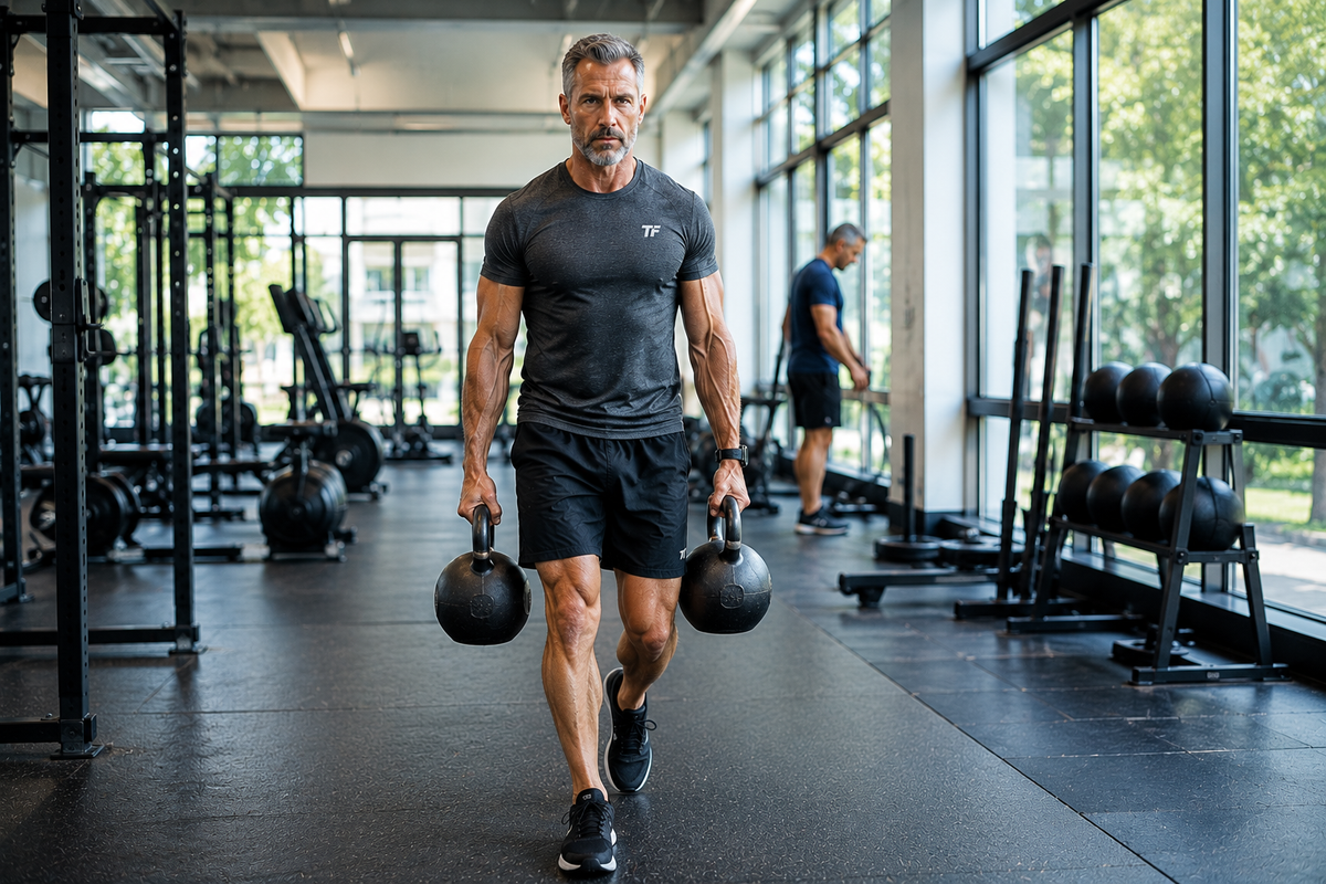 Fit man over 40 performing a kettlebell farmer’s carry in a bright modern gym during a strength workout