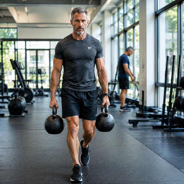 Fit man over 40 performing a kettlebell farmer’s carry in a bright modern gym during a strength workout