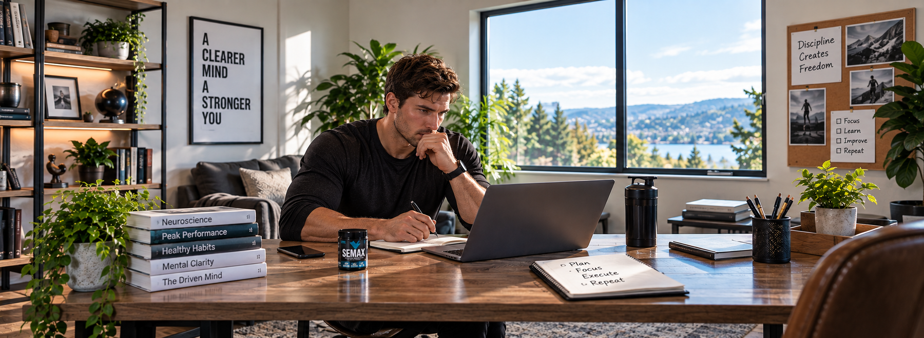 Focused athlete working at a desk with Semax nearby in a bright home office designed for productivity and cognitive performance.