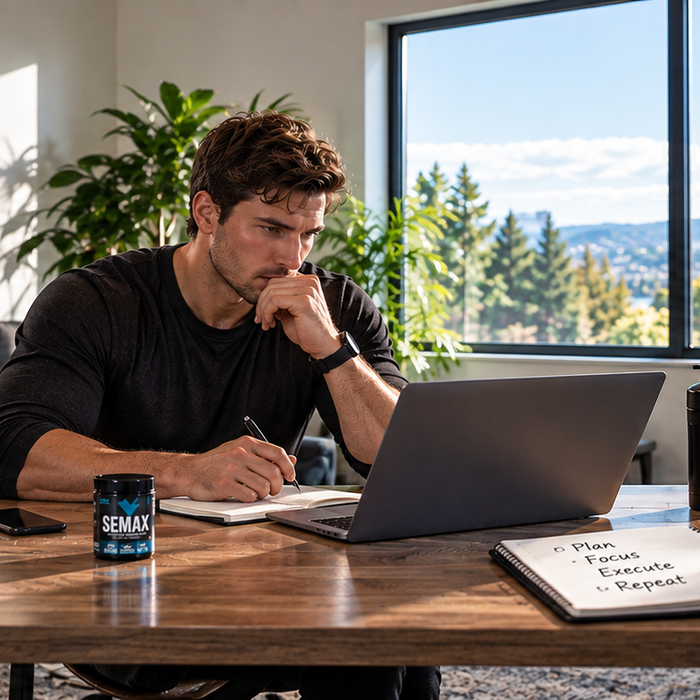 Focused athlete working at a desk with Semax nearby in a bright home office designed for productivity and cognitive performance.